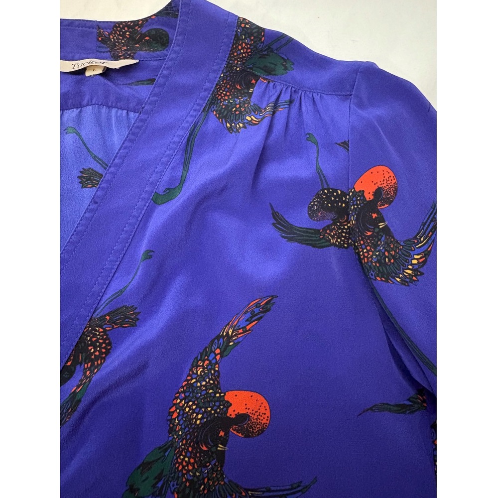Tucker Brand Made in USA 100% Silk Bird Print‎ V-Neck Midi Dress Tie waist M/L